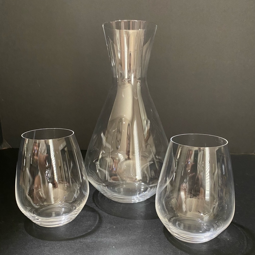 Spiegelau Carafe Decanter and 2 Stemless Wine Glasses Clear Glass Signed
